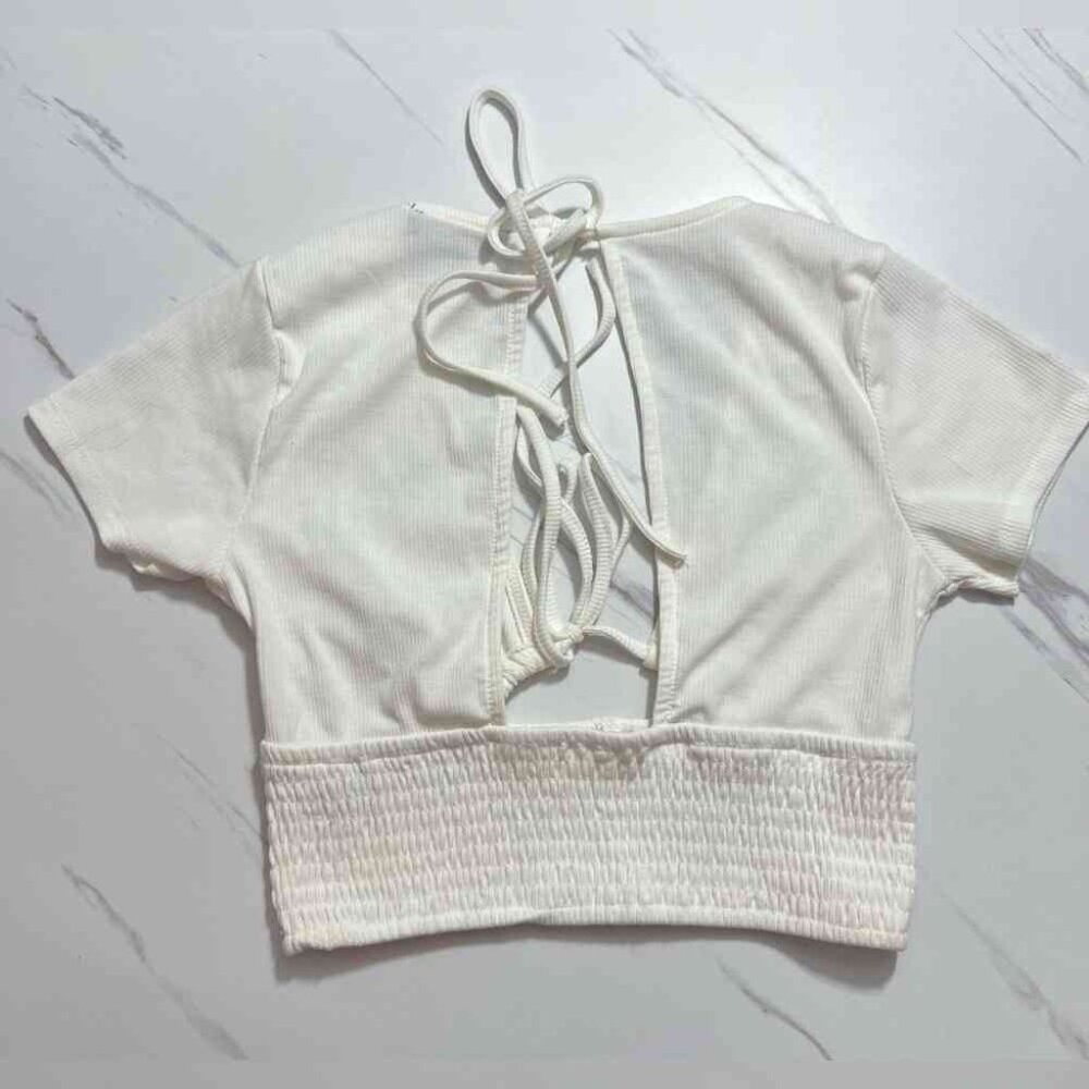 White Cut Out Front Tie Crop Top